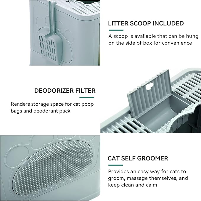 YITAHOME Large Enclosed Cat Litter Box with Lid Cover, Hooded Odorless Cat Toilet with Litter Scoop Cat Self Groomer Deodorizer Filter Front Entry Top Exit Door, Easy to Install and Clean (Blue)