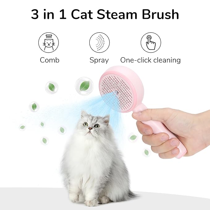FUKUMARU Cat Steam Brush, 3 in 1 Cat Shedding Brush, Pet Steam Brush with Water Tank and USB Rechargeable, Self Cleaning Brush for Dog with Release Button, Remove Static Flying Tangled Hair, Pink