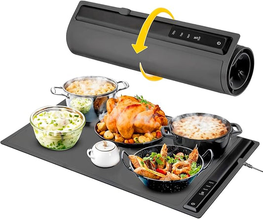 Electric Warming Tray, Full Surface Heating, Portable Food Warmer Rolling Silicone Mat, Food Warmer for Parties FeaturesFoldable Design & Fast Heating, Warming Plate for Buffet (Black)
