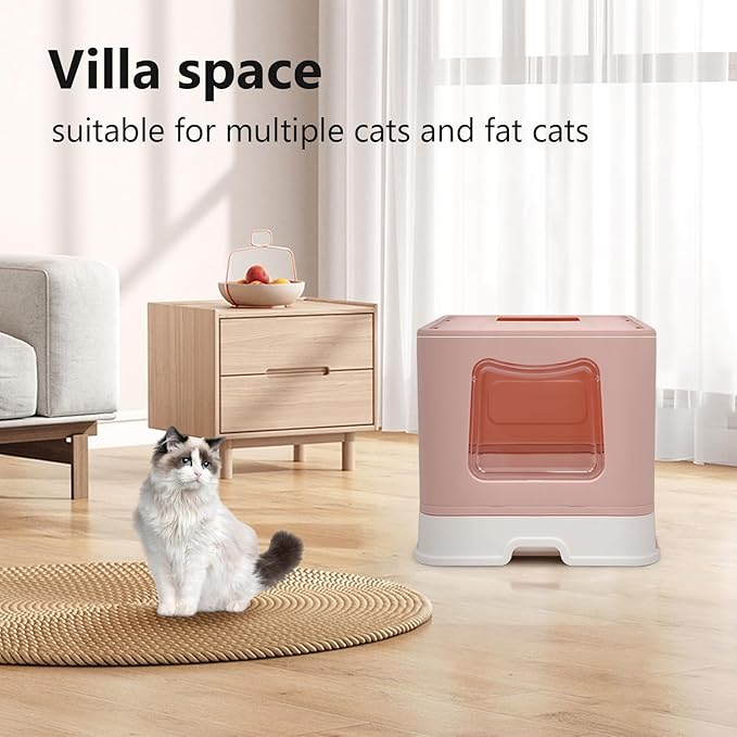 Foldable XL Cat Litter Box with Lid, Jumbo Enclosed Cat Potty, Top Entry Anti-Splashing Cat Toilet, Easy to Clean Including Cat Litter Scoop and 2-1 Cleaning Brush (Pink) Extra Large