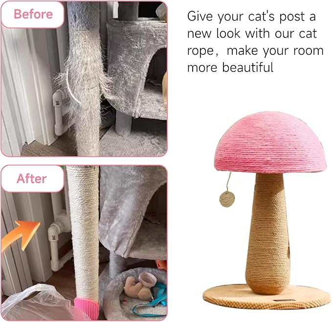 Multicolor Natural Hemp Rope, Cat Scratching Posts Replacement Rope,Repair and Replace Scratching Post cat Tree, 1/4" Rope Cat Scratch Post DIY Jute Twine,Come with a Play Ball.(164FT, Pink)