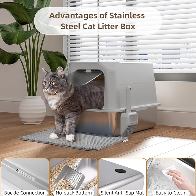 Stainless Steel Cat Litter Box with Lid, Extra Large Litter Box, Great for Large & Small Cat, Easy to Clean, Anti-Leakage, Non-Sticky, Multifunctional 2 in-1 Metal Cat Litter Box - Light Gray