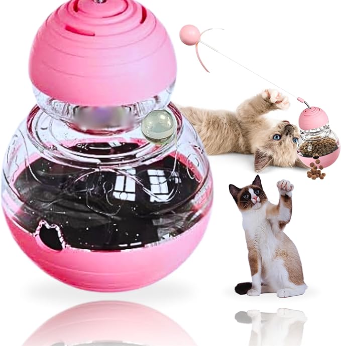 Cat Treat Toy for Indoor Cats - 16.3 '' Cat Interactive & Wand Toy for Bored Adult & Kitten Puzzle Slow Feeder Training Bowl Food Dispenser Track Balls - Christmas & Birthday Gifts (Pink)