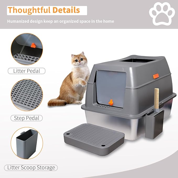 Stainless Steel Cat Litter Box: Extra Large Covered Metal Litter Box Non-Sticky and Anti-Urine Leakage - High Sided Enclosed Kitty Litterbox with Triple Pedal and Scoop for Jumbo Cats