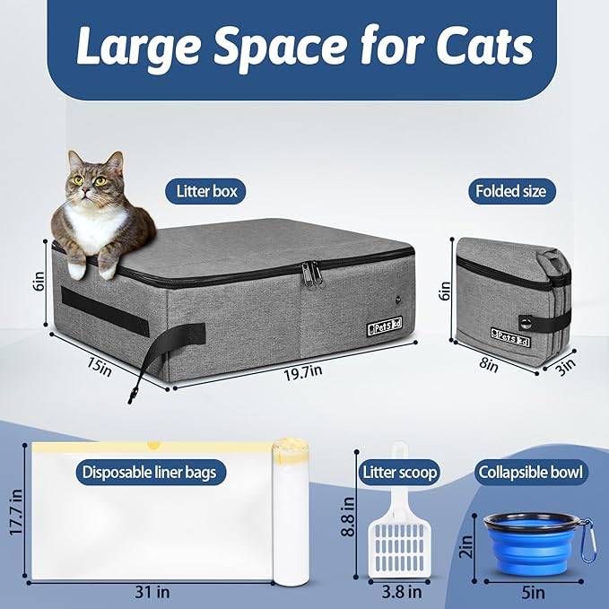 Petskd Portable Cat Travel Litter Box with Lid and 10 pcs Disposable Liner Bags, Leak-Proof and Collapsible, Cat Travel Essentials for Car Travel, Hotel, Airplane and Other Outdoor Use(Grey)