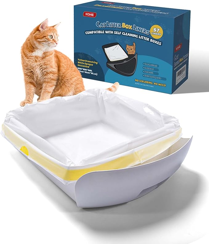 KONE Cat Litter Bags for Robot 3/4, 2 mil Thickened Waste Drawer Liners Compatible with Most Self-cleaning Automatic Boxes - 57 Count Pet Kitten Poop Disposable Replacement Bags, 5-9 Gal, 26 x 16