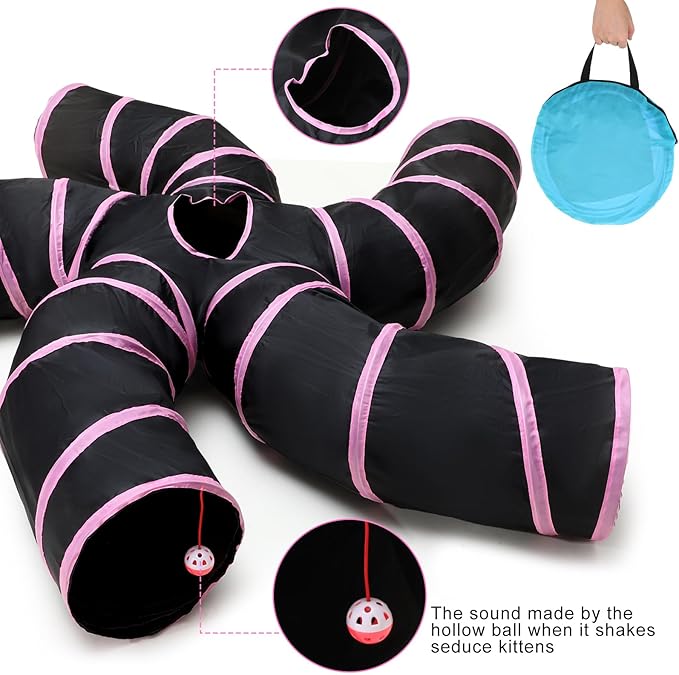 Poen 21 Pcs Cat Tunnel for Indoor Cats Set Collapsible 5 Way Cat Tubes with 20 Pcs Cat Toys Kitten Toys Interactive Cat Feather Toy Mouse Crinkle Balls Cat Tube for Puppy Kitten Rabbit (Pink Black)