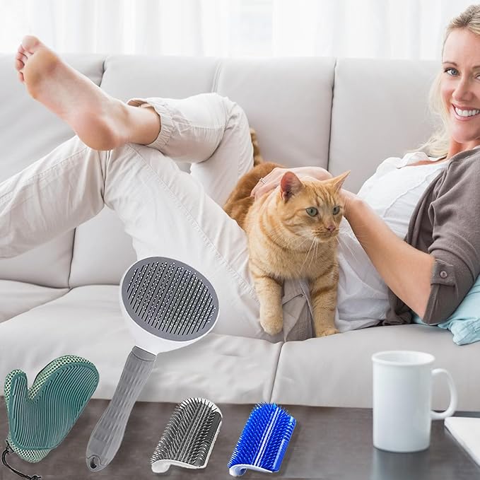 4 Pcs Cat Brush Kit for Indoor Cats, Self-Cleaning Slicker Cat Brush, Cat Brush Glove, and 2 Cat Wall Scratchers for Easy Shedding, Detangling, and Relaxing Grooming for Long and Short-Haired Cats