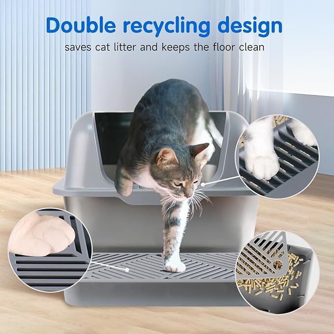 Extra Large Stainless Steel Litter Box with Lid, High Sides Covered Metal Jumbo Cat Litter Boxes for Big Cats, Anti Leakage, Never Absorbs Odors, Non-Sticky, FOXORU
