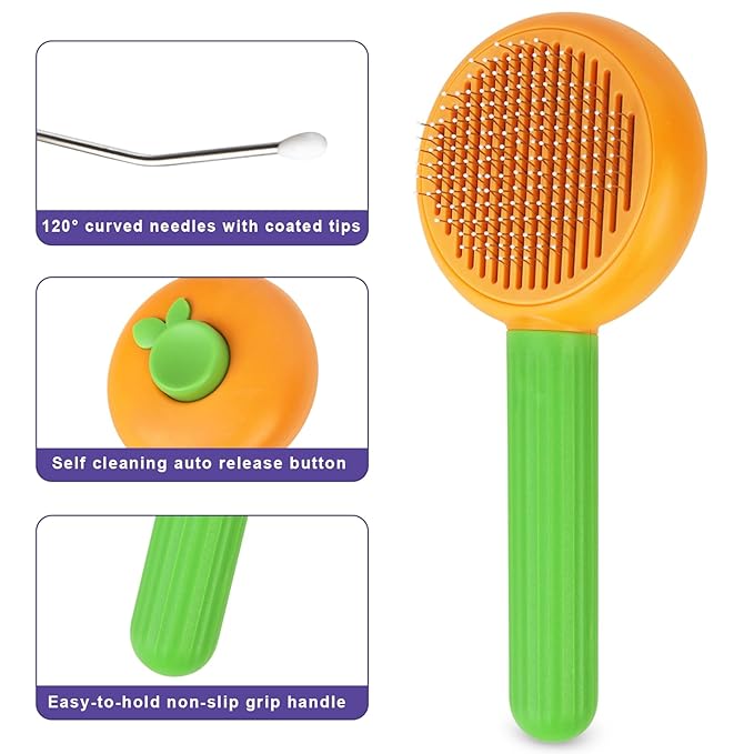 Self-Cleaning Slicker Brush for Dogs & Cats - Efficiently Removes Shedding Hair, Tangles, and Mats - Suitable for Long & Short Haired Pets -with Skin-Friendly Massage Tips - Orange