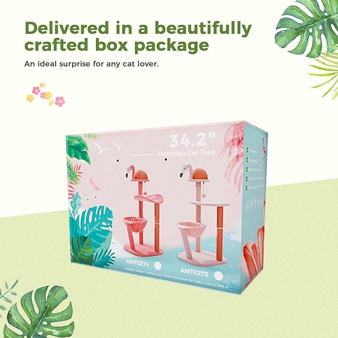 PETEPELA 34.2'' Cat Scracthcing Post, Tall Cat Scratcher with Large Cat Hammock [Dia=30CM], Flamingos Natural Sisal Cat Scratch Post, Pink Small Cat Tree Tower for Indoor Cats&Kittens