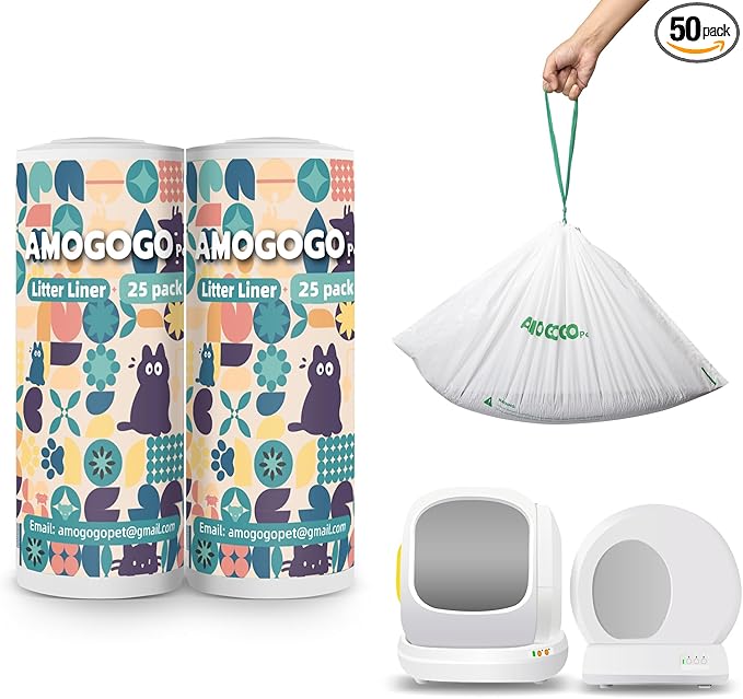 50 Pcs Litter Box Liner Bags, Compatible with Meowant MW-SC01, MW-SC02 and MW-LR01, Automatic Litter Box Heavy Duty Replacement Waste Bags, Drawstring Leak-proof Trash Bags, 18.5" x 12.6"