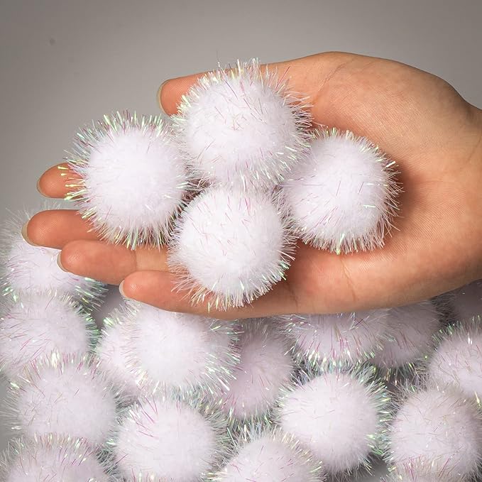 VAPKER 30 Pcs Cat Ball Toys Sparkle Balls Extra Large 2 Inch Cat's Favorite Chase Glitter Ball Glitter Tinsel Pom Poms Balls White Color