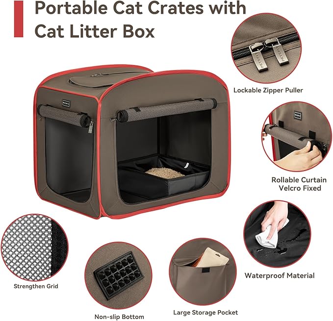 Petsfit Portable Cat Crate with Litter Box and Soft Cushion Cat, Collapsible Pop Up Cat Kennel with Carrying Bag for Travel