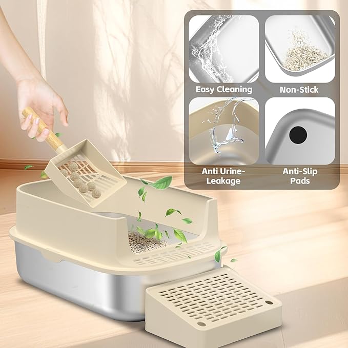 Stainless Steel Cat Litter Box with Lid, 3 in 1 Removable Litter Box for Big/Multiple Cats, High Sides Kitty Litter Pan, Leak-Proof XL Extra Large Enclosed Metal Litter Box Easy Clean with Scoop & Mat