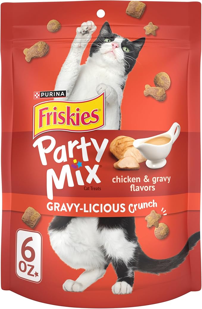 Purina Friskies Cat Treats, Party Mix Gravy-licious Crunch Chicken and Gravy Flavors - (Pack of 6) 6 oz. Pouches