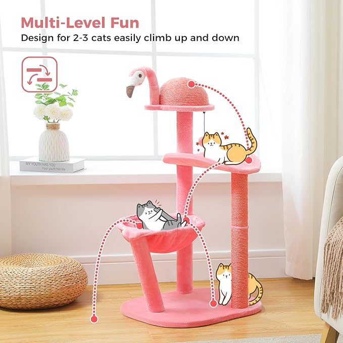 PETEPELA 34.2'' Cat Scracthcing Post, Tall Cat Scratcher with Large Cat Hammock [Dia=30CM], Flamingos Natural Sisal Cat Scratch Post, Pink Small Cat Tree Tower for Indoor Cats&Kittens