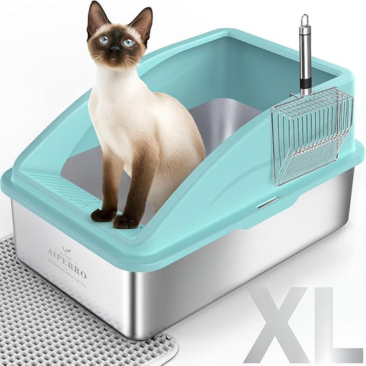 Stainless Steel Cat Litter Box with High Side，XL Extra Large Enclosed Litter Box for Big Cats, Metal Litter Box High Sided, Anti-Urine Leakage, Include Cat Mat and All-Metal Litter Scoop (Turquoise)