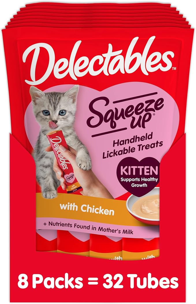 Hartz Delectables Squeeze Up Kitten Creamy Squeezable Puree, Lickable Wet Cat Treats, Grain Free, No Added Fillers, No by-Products, No Added Preservatives, 0.5 Ounces Tube Chicken, 32 Tubes Total