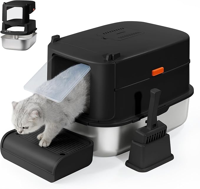 Stainless Steel Litter Box with Lid – XL Removable Covered Cat Litter Box with Door Flap,Extra Large Enclosed Metal Litter Box with High Sides,Litter Scoop – Durable & Easy to Clean,Black