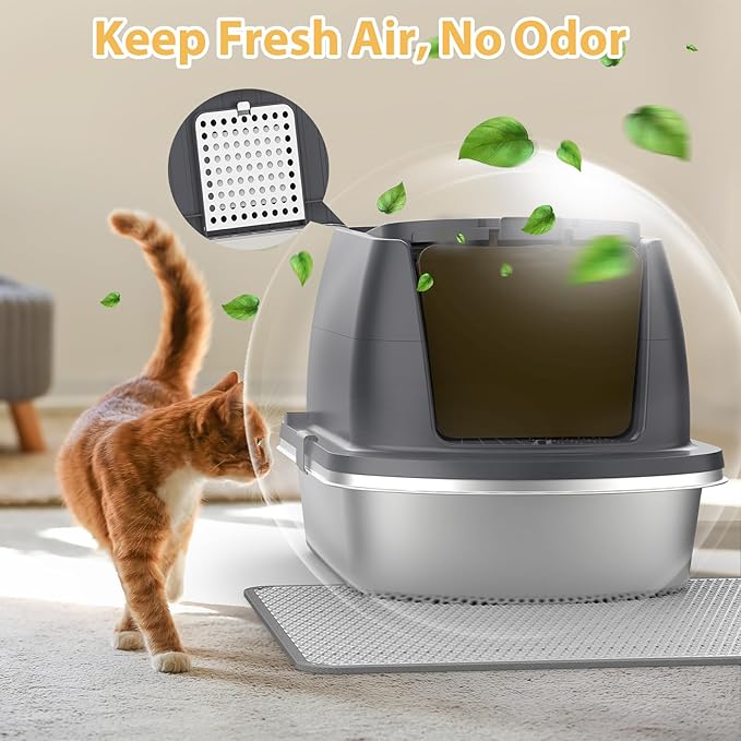 Stainless Steel Litter Box with Lid,Large Enclosed Cat Litter Box, Covered Metal Litter Tray for Easy Cleaning & Odor Control, Includes Scoop and Litter Mat, Hooded Cat Litter Pan for Kitten (Gray)