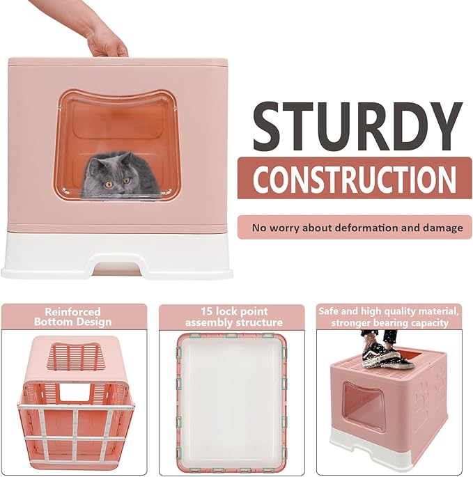 Foldable XL Cat Litter Box with Lid, Jumbo Enclosed Cat Potty, Top Entry Anti-Splashing Cat Toilet, Easy to Clean Including Cat Litter Scoop and 2-1 Cleaning Brush (Pink) Extra Large