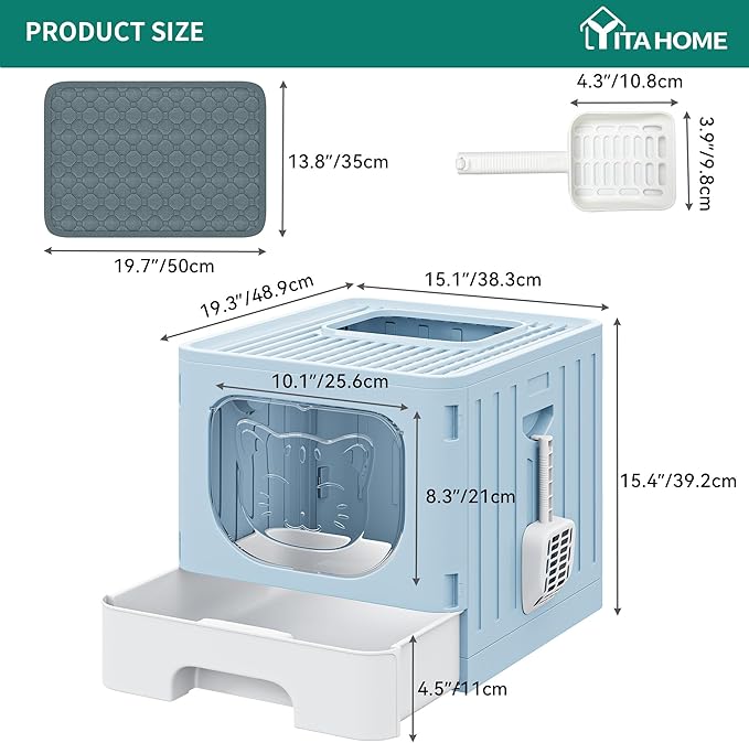YITAHOME Large Enclosed Cat Litter Box with Cushion, Anti-Splash Closed Litter Boxes with Litter Scoop Front Entry Top Exit Door, Easy to Install and Clean