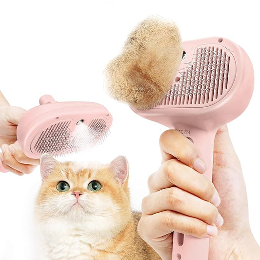 Pink Shedding and Grooming Brush for Dogs, Cats and Rabbits - Self Cleaning Tool with Release Button for Long and Short Hair, Removes Static and Loose Fur with Massaging Action