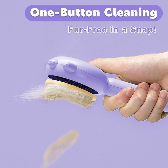 Paw Cat Brush with Release Button, Self Cleaning Cat Brush for Shedding, Cat Hair Brush for Grooming Long and Short Haired Cats Dogs (Purple)