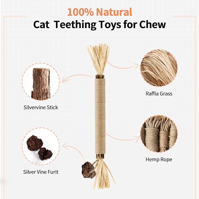Catnip Toys with Silvervine for Cats, Cat Chew Toy for Kitten Teething, Interactive Cat Toy for Indoor Cats, Silvervine Sticks Cat Toys