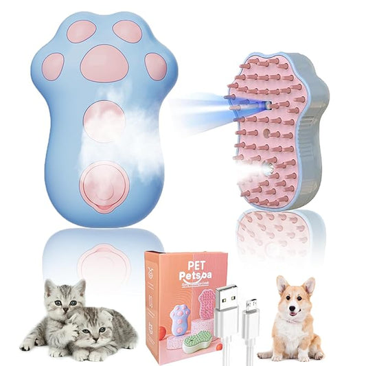 Cat Steam Brush, Cat Steam Brush for Shedding, 4 In1 Rechargeable Pet Hair Removal Tool for Cat, Dog, Self Cleaning & Grooming Brush for Long & Short Hair of Pets, Comfortable Skin-friendly (Blue)