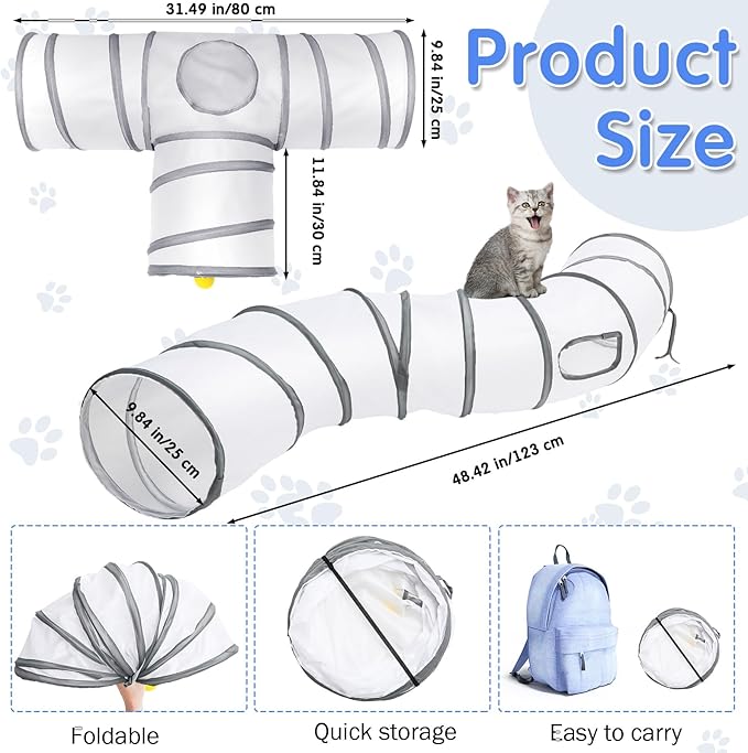 Wettarn 22 Pieces Cat Toys Set, with 2 Collapsible Cat Tunnels for Indoor Cats and 20 Kitten Toys Cat Tubes and Tunnels Interactive Cat Feather Toy Mouse Crinkle Balls for Cats Puppies (White)