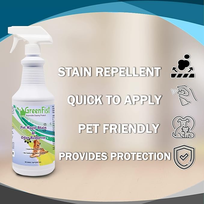 GreenFist Pet Stain & Odor Remover Magic Fast Acting Carpet Spot Cleaner Enzyme Powered Formula Cats,Dogs, Small Animal, 32 oz Spray