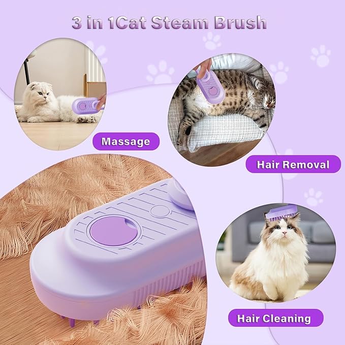 Cat Steam Brush for Shedding, 3 in 1 Cat Steam Brush with Foldable Handle, Steam Brush for Cats Dogs, Spritz Defur Comb for Cats, Water Brush for Cat, Pet Spray Hair Removal Comb