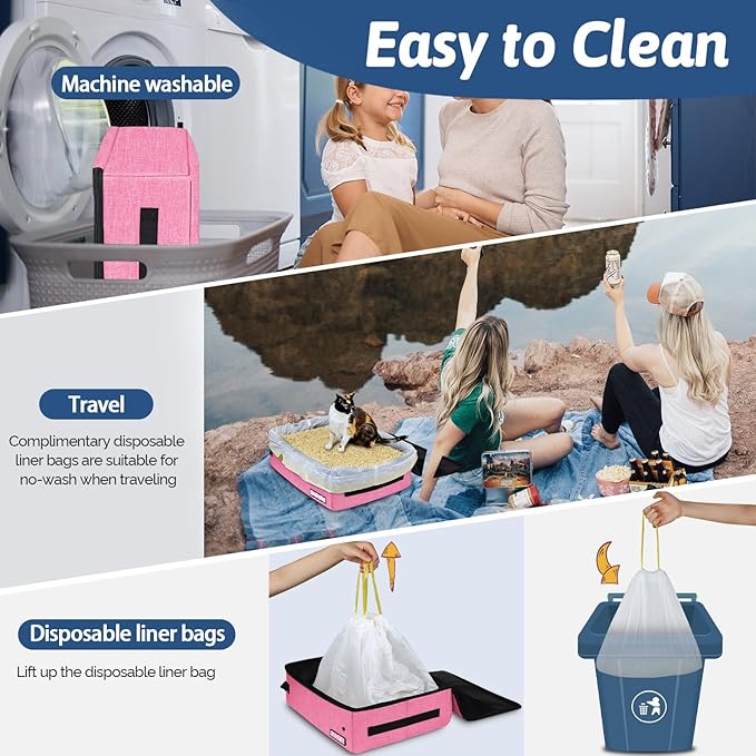 Petskd Portable Cat Travel Litter Box with Lid and 10 pcs Disposable Liner Bags, Leak-Proof and Collapsible, Cat Travel Essentials for Car Travel, Hotel, Airplane and Other Outdoor Use(Pink)