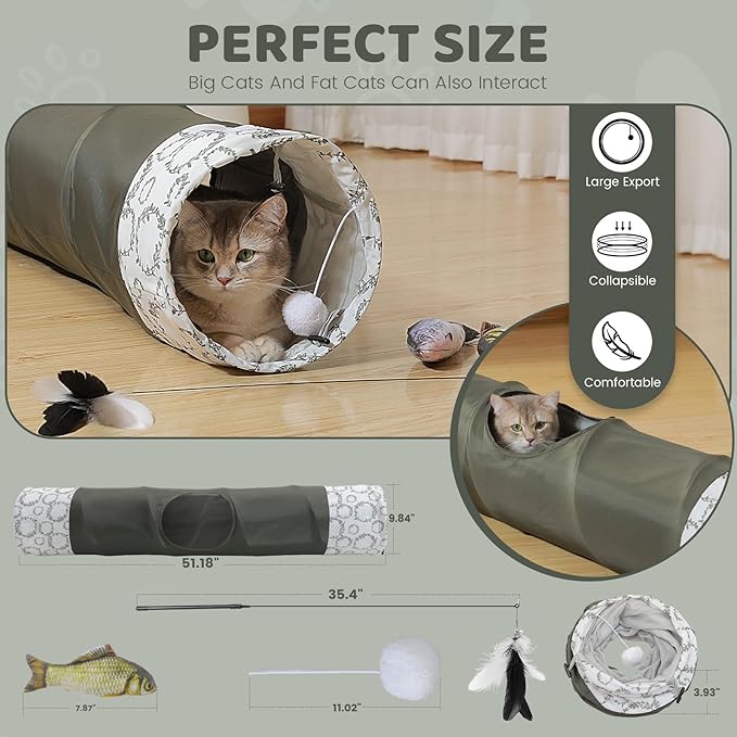 Cat Tunnel,Cat Tunnel for Indoor Cats, Collapsible Crinkle Paper Cat Play Tunnel Toys Set Anti-Scratch Cat Tunnel 9.8"*51",Cat Feather Toy Fishes for Cats, Puppy, Kitty, Kitten, Rabbit