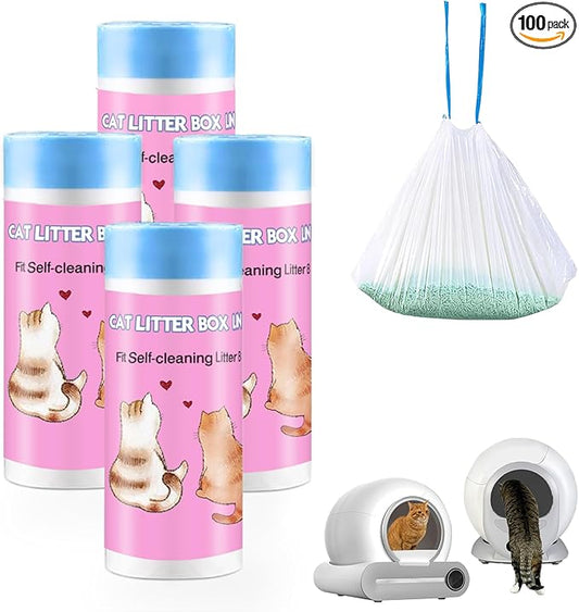 100 Count Self-Cleaning Cat Litter Box Liners Compatible With Automatic Cat Litter Box, Drawstring Heavy Duty Cat Litter Receptacles Bags Replacement Trash Bag -19" x 18"