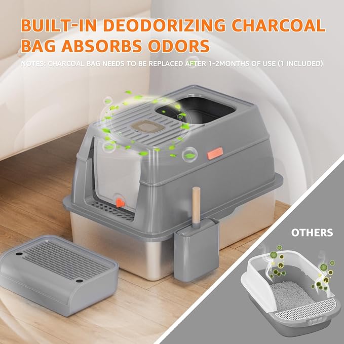 MIKK Enclosed Stainless Steel Cat Litter Box with Lid XL Extra Large Litter Box for Big Cats,Never Absorbs Odors, Sturdy Easy to Clean Non-Sticky Anti-Leakage with Cat Scratcher Mat(Grey)