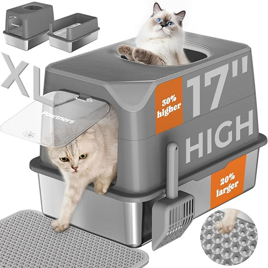 Pawtners Stainless Steel Cat Litter Box, XL Extra Large Enclosed Kitty Litter Pan, Front Entry Top Exit Hooded Metal Cat Toilet for Odor Control with Removable Lid & Scoop, Anti-Leakage, Easy to Clean