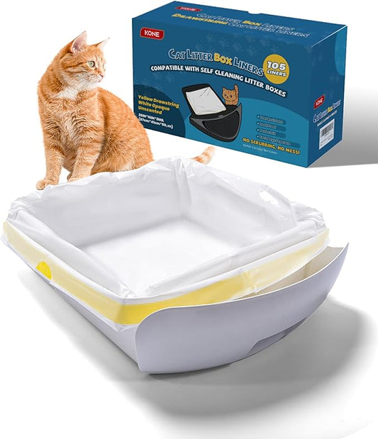 KONE 105 Count Cat Litter Bag Liners fits Robot 3 4 and most Self Cleaning Litter Drawer Waste Bin, 2 mil Thickened Drawstring Kitty Poop Bags, Automatic Pet Disposable Replacement Trash Bag, 26 x 16