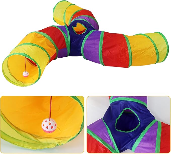 Bemodst Cat Tunnel for Indoor Cats Large,Cat Tubes and Tunnels Collapsible S-Shape Cat Tubes Kitty Tunnels Interactive Cat Toy with Storage Bag for Cat Small Dogs Ferret Rabbit (Colored 3-Way)
