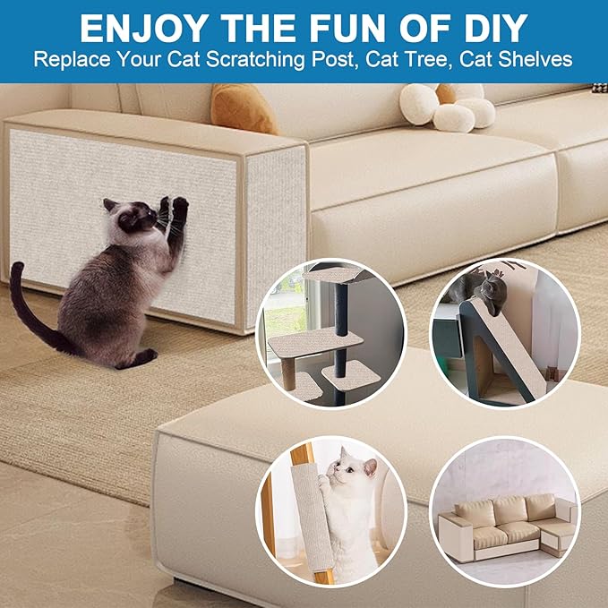 Cat Scratch Furniture Protector Pads with Self-adhesive Backing, 98.5"X15.8" Beige Randomly Cutting Trimmable Cat Scratch Carpet Mat Post Tree Shelves Cover Replacement for Sofa,Wall,Couch,Door,Corner