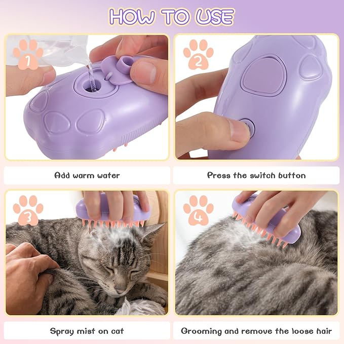 Rechargeable Cat Steam Brush for Shedding - Self Cleaning Steamy Cat Brush Cat Steamy 3-in-1 Pet Steam Brush - Spray, Massage & Hair Removal Grooming Tool, Purple