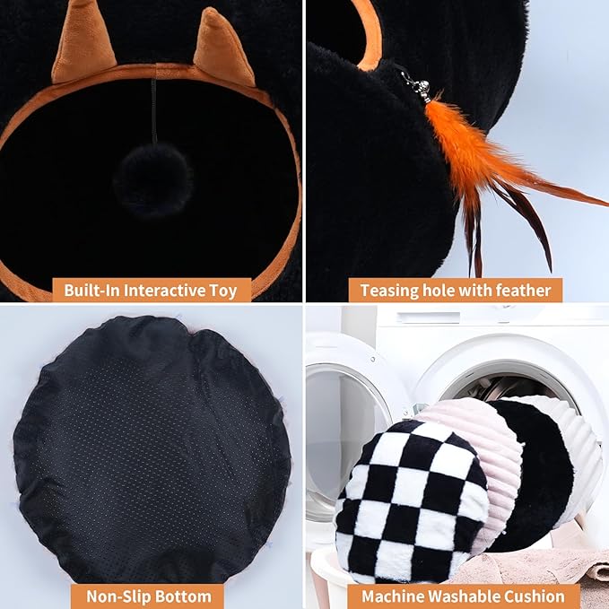 Cat Tunnel Bed,Cat Tunnel Bed with Soft Central Cat Couch,Cat Toys for Indoor Cats,Collapsible Peekaboo Cat Cave,Cat Donut Tunnel and Kitty Toy Set（Gothic，Donut）