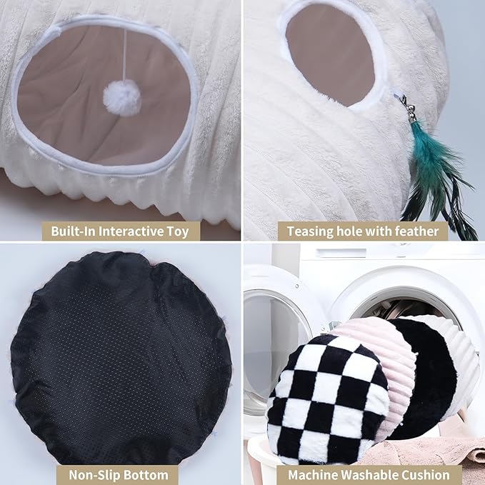 Cat Tunnel Bed,Cat Tunnel Bed with Soft Central Cat Couch,Cat Toys for Indoor Cats,Collapsible Peekaboo Cat Cave,Cat Donut Tunnel and Kitty Toy Set（White Stripe，Donut）