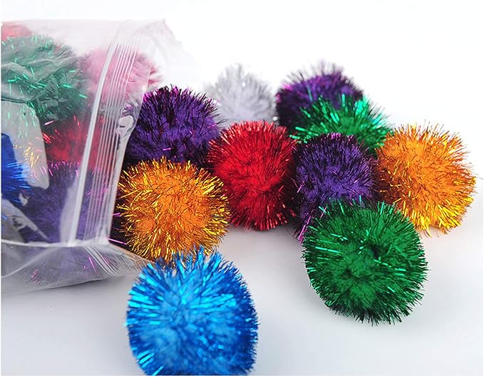 20 Pack 2 Inches Cat Sparkle Balls for Cats Large Size, Glitter Pom Poms Fuzzy Cat Balls Tinsel Balls for Cats Kitten Indoor Assorted Color Random
