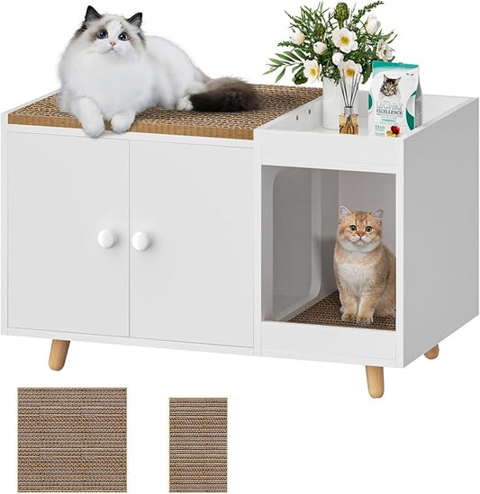 Furologee Cat Litter Box Enclosure with Scratching Pad,Hidden Cat Litter Box with Divider,Wooden Cat Washroom Furniture,Indoor Cat House,End Table,Cat Box Cabinet for Living Room,White