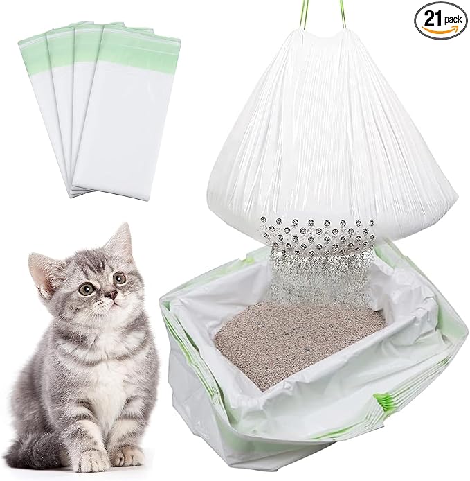 Sifting Cat Litter Box Liners with Holes, 21 Count Large Drawstring Cat Litter Pan Bags Cat Waste Litter Bags Pet Cat Supplies (37" x 18")