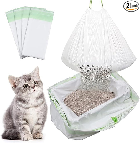 Sifting Cat Litter Box Liners with Holes, 21 Count Large Drawstring Cat Litter Pan Bags Cat Waste Litter Bags Pet Cat Supplies (37" x 18")