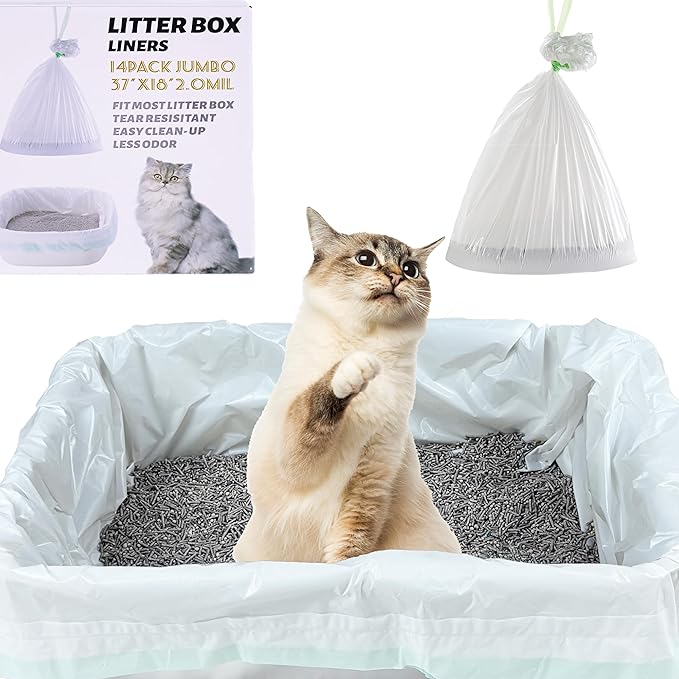 Suhaco Cat Litter Box Liners, Litter Pan Disposable Bags 2 Mil Thickened Cat Litter Liners with Drawstring 28 Pack Litter Bags for Easy Cleaning (L (Pack of 28))